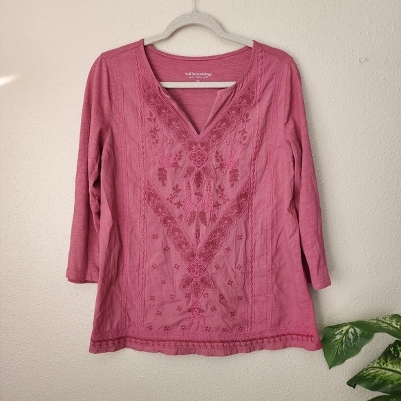 Soft Surroundings Pink Embroidered V-neck Boho Modest Beachy Top Small - Picture 1 of 7
